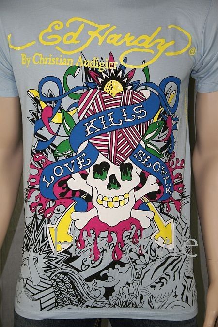 Ed Hardy MensTShirt Lt. Blue POP ART Love Kills XXL  