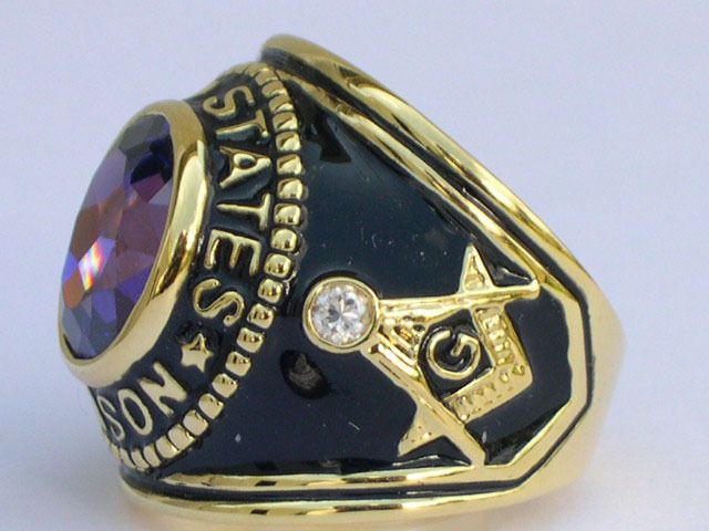   STATES MASON MASONIC AMETHYST CZ STONE 18K GOLD PLATED RING ALL SIZES