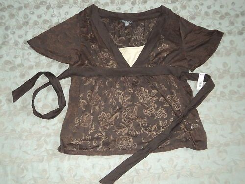 NWT APT. 9 WOMEN SHIRT SZPL STRETCH TIE 2 LAYER BROWN  