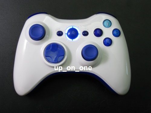 CUSTOM GLOSSY WHITE XBOX 360 WIRELESS CONTROLLER BLUE ROL ABXY GUIDE 