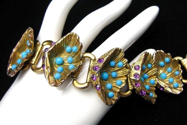 Chunky Ocean Theme Bracelet Bubbles Rhinestones Embossed Vintage Links 