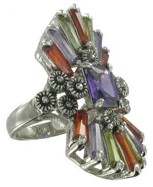 LARGE Purple Green Orange Crystal White Gold GP Ring  