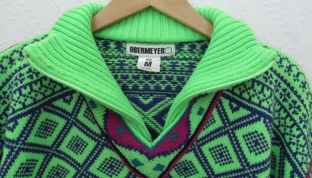 Vtg OBERMEYER Reindeer Ski Sweater, Neon Green, mens sz M  