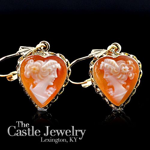 LADIES HEART SHAPED CAMEO DANGLE LEVER BACK EARRINGS 14K Y/G  