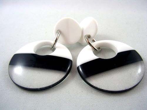 BIG FUNKY Vtg RETRO Clear & Black LUCITE Hoop Earrings  