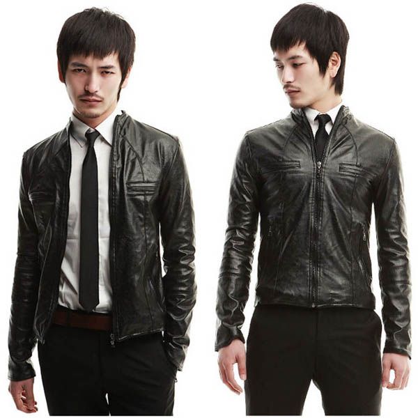 New fashion stand up collar zipper black leather PU slim man short 