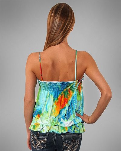 TRENDY SPAGHETTI STRAP ABSTRACT PRINT TOP W/ ELASTICIZED WAIST 