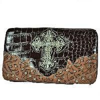 BROWN 2 TONE CROC RHINESTONE CROSS WESTERN PURSE FLAT WALLET  