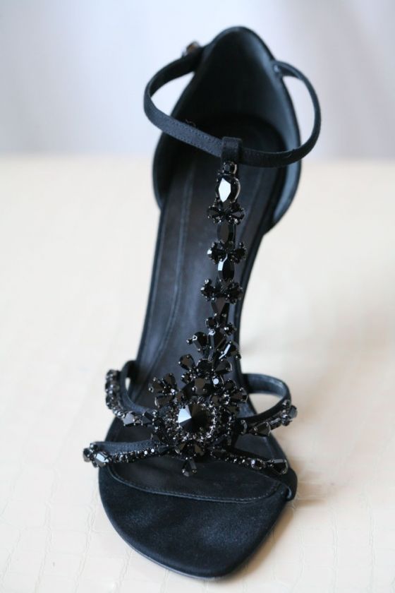 ALEXANDER MCQUEEN Black Crystal Ankle T Strap Pump High Heel Sandal 