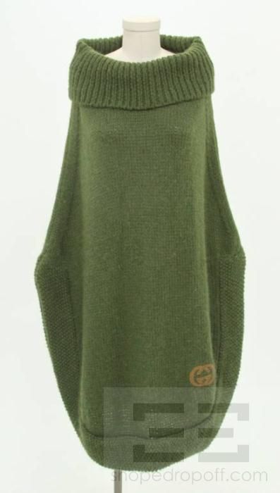 Gucci Olive Green Alpaca Cowl Neck Poncho Sweater  