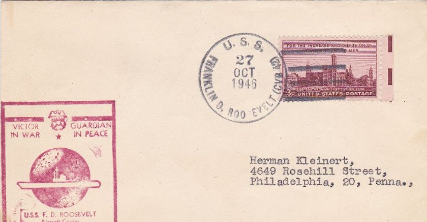 USS Franklin D Roosevelt 1946 USS cachet cover  