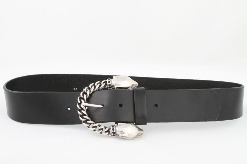 Tobacco Road custom Black Italian Leather Belt Chained Panther Heads 