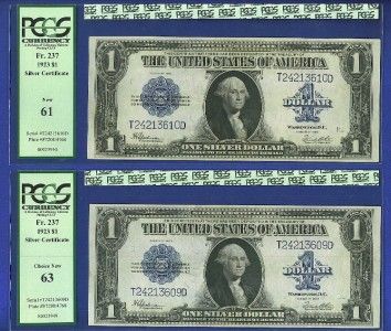   1923 LARGE Blue Seal SC   Consecutive PAIR UNCs   BEAUTIFUL  