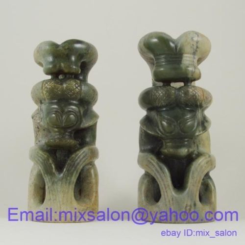 J1089_Chinese Hongshan Jade Candlestick Statues Carvin  