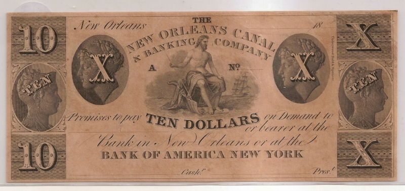1800s $10.00 New Orleans Canal & Banking Company Note  