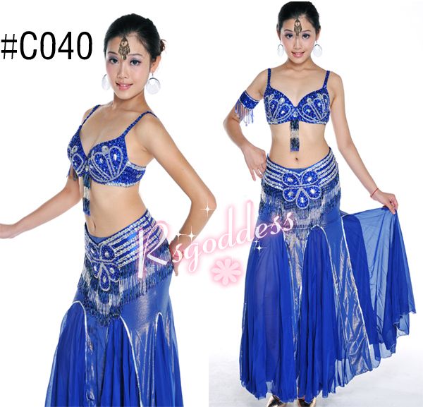 Royal blue belly dance costume 3 pics bra&belt&skirt  