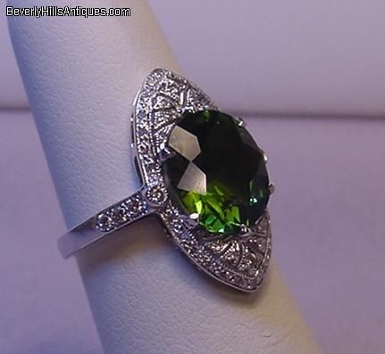 Superb Art Deco Style Tourmaline Diamonds 18k WG Ring  