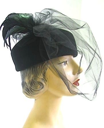 Vtg 40s 50s Black Veil Feather Plumed Evening Hat  