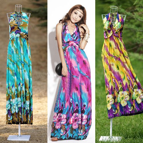 Bohemian Maxi Long Dresses Flowers Beach Sundress Low Cut V neck 