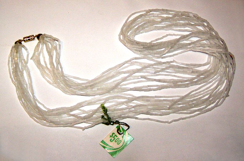 VINTAGE WHITE GLASS BUGLE BEAD NECKLACE ORIGINAL TAG 30  