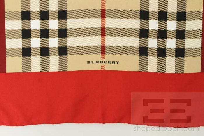 Burberry Red & Tan Silk Check Print Small Square Scarf  