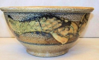 VINTAGE LARGE MORRIS POTTERY STONEWARE MIXING BOWL   UNIQUE FISH DECOR 