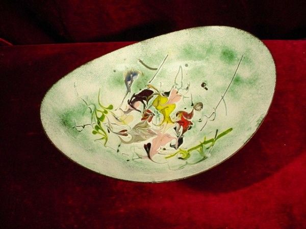 Vintage ENAMEL COPPER ART BOWL ABSTRACT Artist Signed  