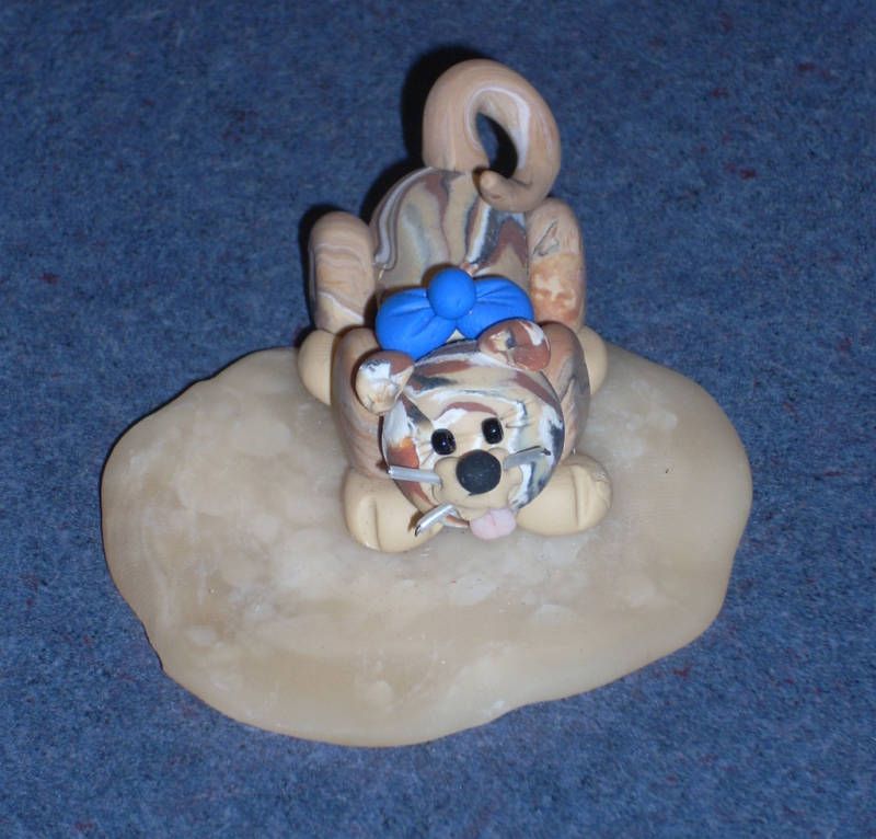 Handmade OOAK Polymer clay Cat Kitten in puddle of milk  