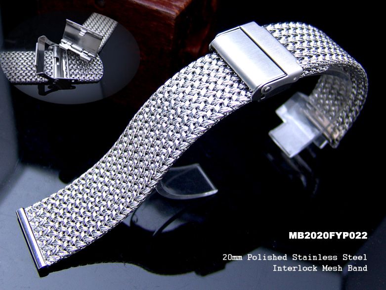 20mm Interlock Poilshed Wire Mesh Watch Band Bracelet  