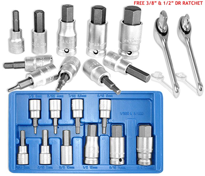 10 PC HEX BIT SOCKET SET ALLEN SAE 3/8 & 1/2/ RACHETS  