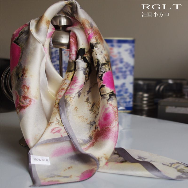 Women Oil Painting Style 100% Silk Square Scarf Scarves Gift Flower 