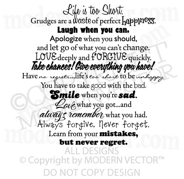 INSPIRATIONAL Vinyl Wall Quote Decal LIFE IS TOO SHORT  