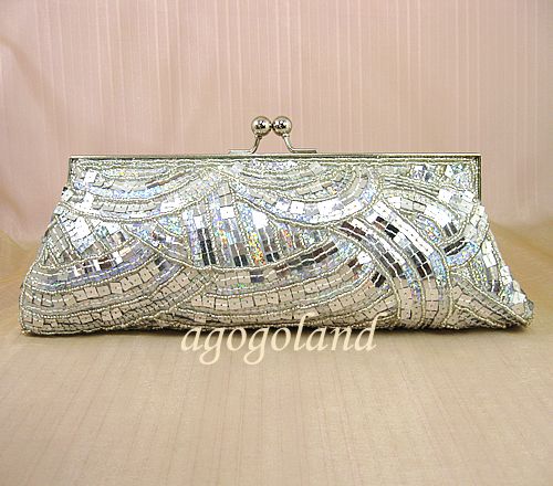 Silver Sequins Beaded Purse   Hand Sewn Shiny Evening Clutch Handbag 