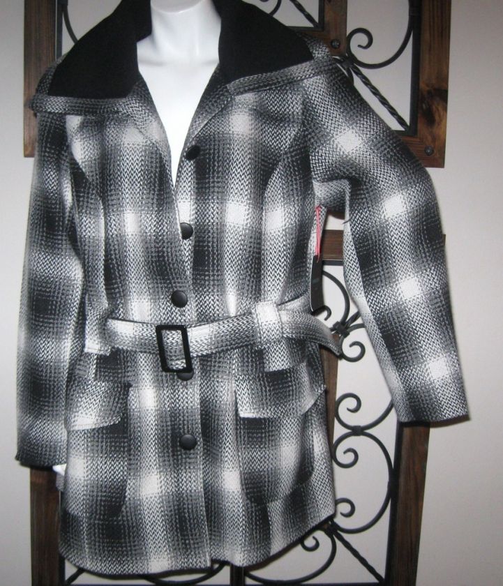 CYNTHIA ROWLEY WOOL Jacket BUTTON BELT COAT BLACK PLAID  