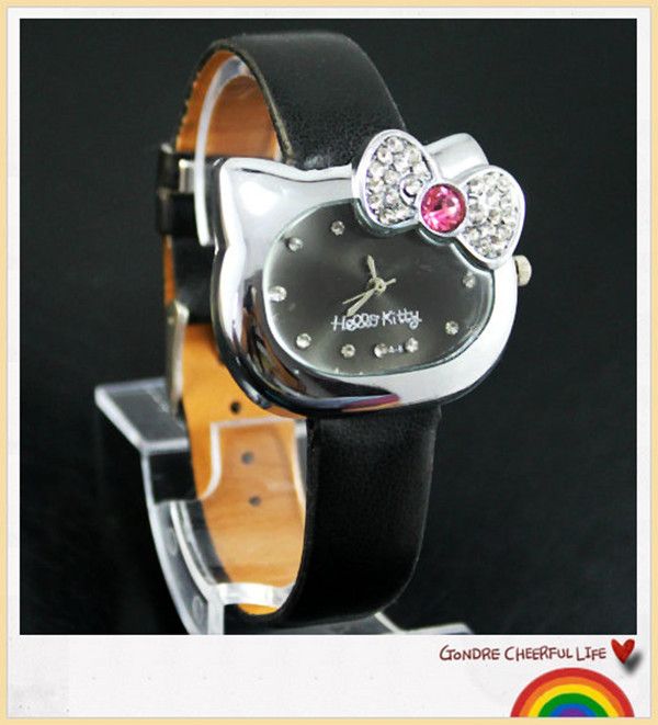 5pcs Lovely bowknot hellokitty Leather narrow strap crystal Quartz 