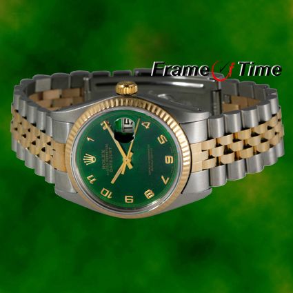 Rolex Datejust Mens 18K/SS Gold & Steel Two Tone Green Arabic Jubilee 