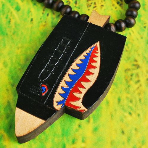 Hiphop Shark Pendant Brown Natural Good Wood Chain long Men necklace 