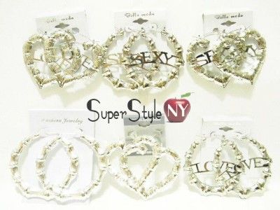   of 6 Mixed Bamboo Silver Earrings Heart Hoop Sexy Love Design  