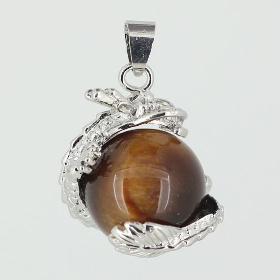 Tigers Eye Gemstone Round Bead Dragon Pendant  