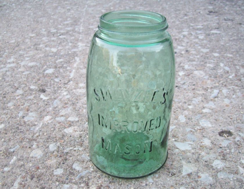 GREEN SWAYZEES IMPROVED MASON QUART FRUIT JAR PRETTY  