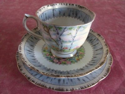 ROYAL ALBERT BONE CHINA SILVER BIRCH TEA CUP AND SAUCER TRIO SET 