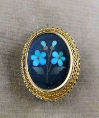 VICTORIAN PIETRA DURA FORGET ME NOT 18CT GOLD BROOCH  