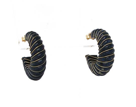 STUNNING 14K GOLD CARVED LAPIS GEMSTONES HOOP EARRINGS  