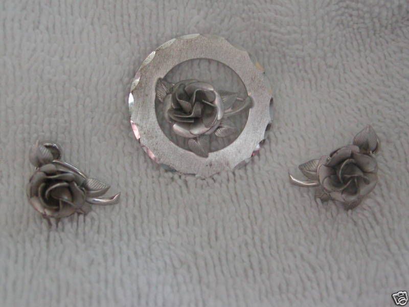 Vintage A&Z Sterling Silver Rose Brooch &Screw Earrings  