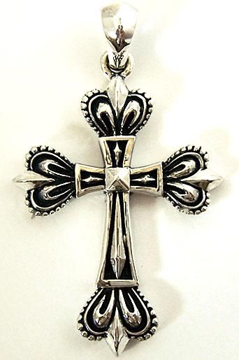 HEAVY CROWN FLEUR DE LIS CROSS STERLING SILVER PENDANT  