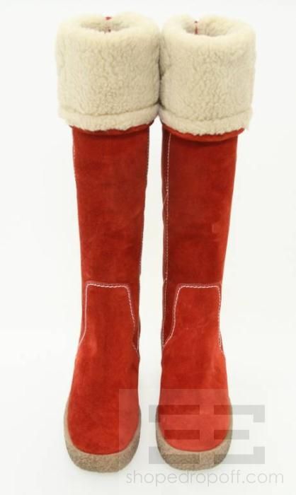 Kors Michael Kors Red Suede Topstitched Shearling Lined Wedge Boots 