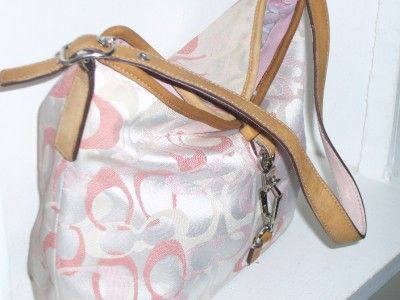 COACH White Pink Jacquard/Tan Leather Signature Shoulder Bag Handbag 