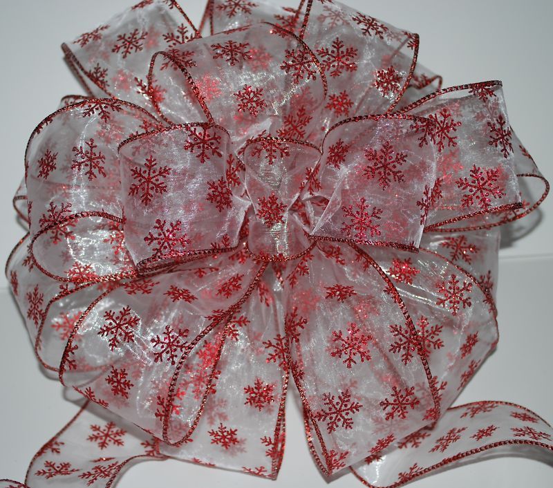 Christmas Tree Topper Bow Snowflakes Red Glittery  