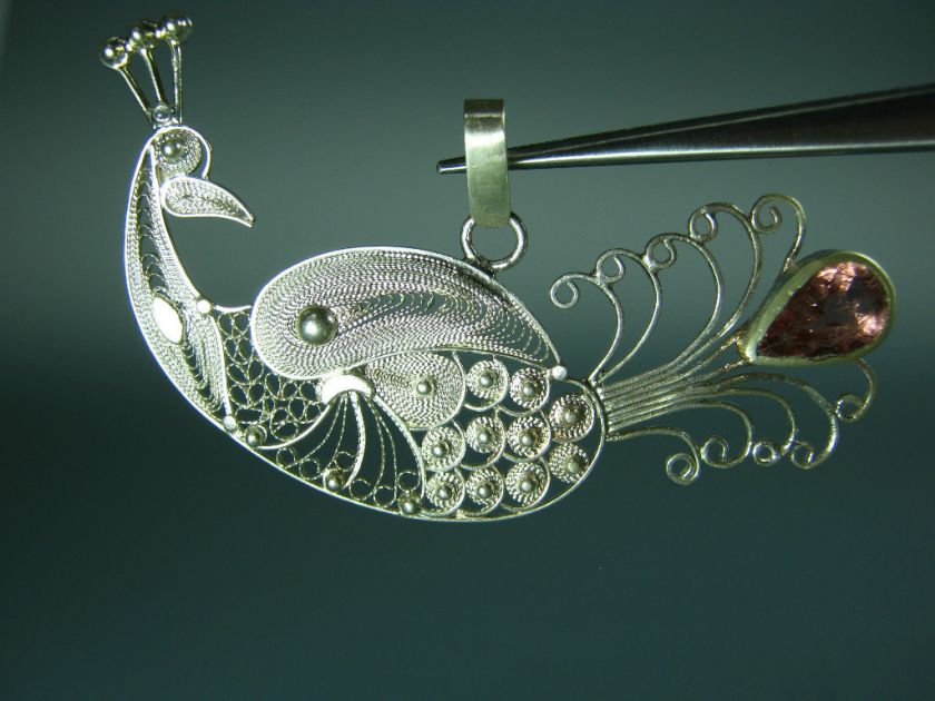 FINE 950 SILVER FILIGREE PENDANT PEACOCK MOTIF COLOMBIA  