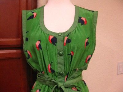   BY JACOBS Finch Print Silk Sash Tie Dress S Gator Green Multi  